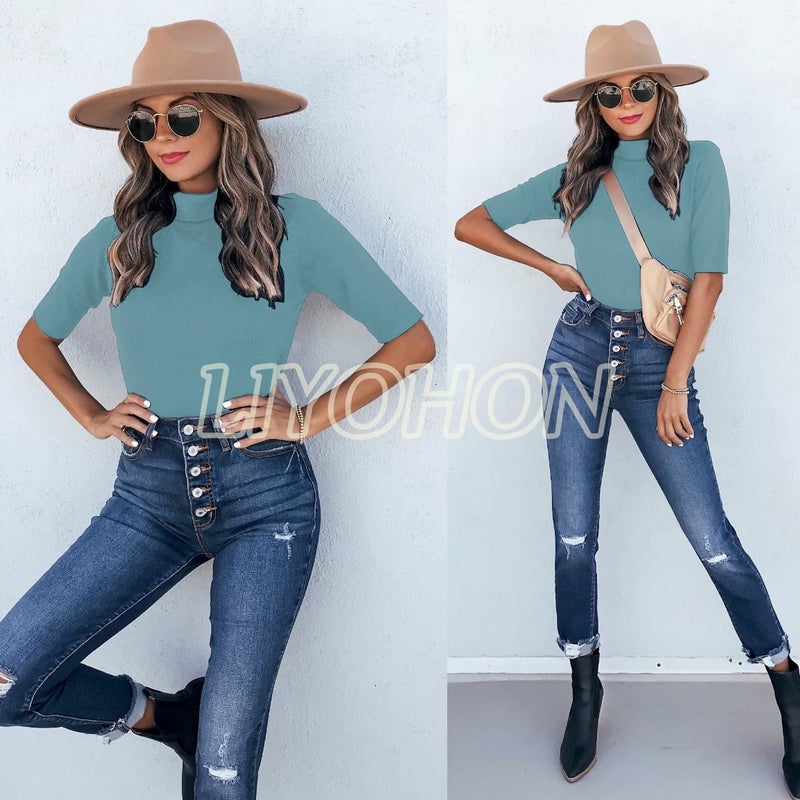 LIYOHON Womens Tops Dressy Casual Mock Turtleneck Business Short Sleeve T Shirts Going Out Tops 2026 Turquoise-XXL - Image 4